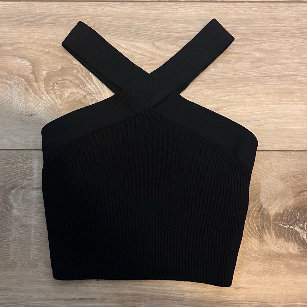 Aritzia Babaton Women’s XS Sculpt Knit Criss Cross Cropped Black Top
